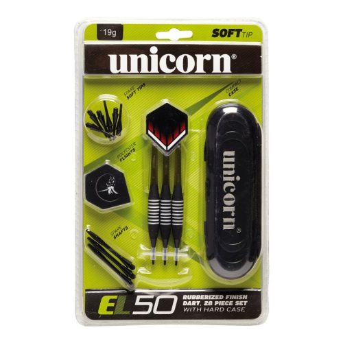 Unicorn EL50 17 g schweres Dartpfeilenset mit hartem Gehäuse – mit 6 Stck. „soft” Pfeilenspitzen pro Set, Griffen mit Gummibezug, mit Ersatzfedern