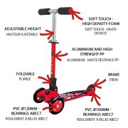 Nextreme Grand Prix zusammenklappbarer roter Dreiradroller für kleine Jungen – bremsbarer Aluminiumroller, zwei 120 mm große Vorderräder aus PVC, ABEC 7 Lagerung